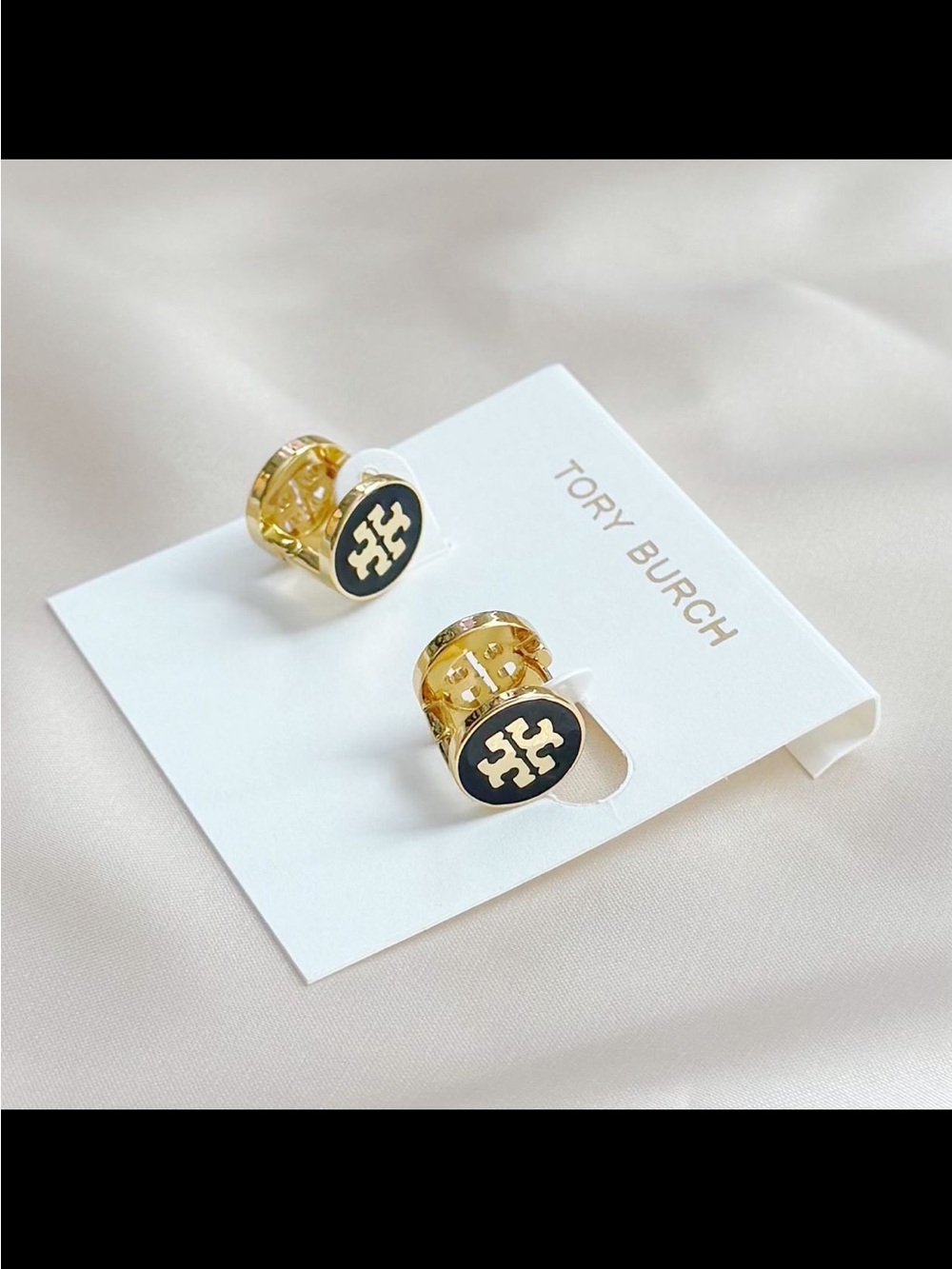 Tory Burch Gold and Black Logo Crystal Rim double sided Stud Earrings - Picture 4 of 4